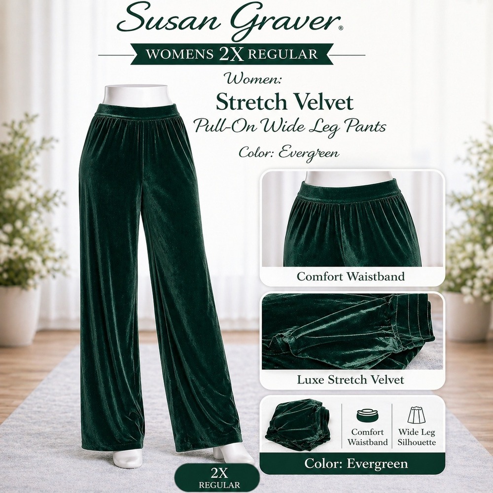 Susan Graver Womens 2X Regular Stretch Velvet‎ Pull On Wide Leg Pants Evergreen